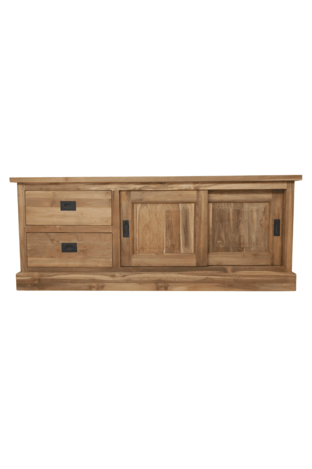Teak houten tv meubel 150x45x60 cm met 2 lades en schuifdeuren