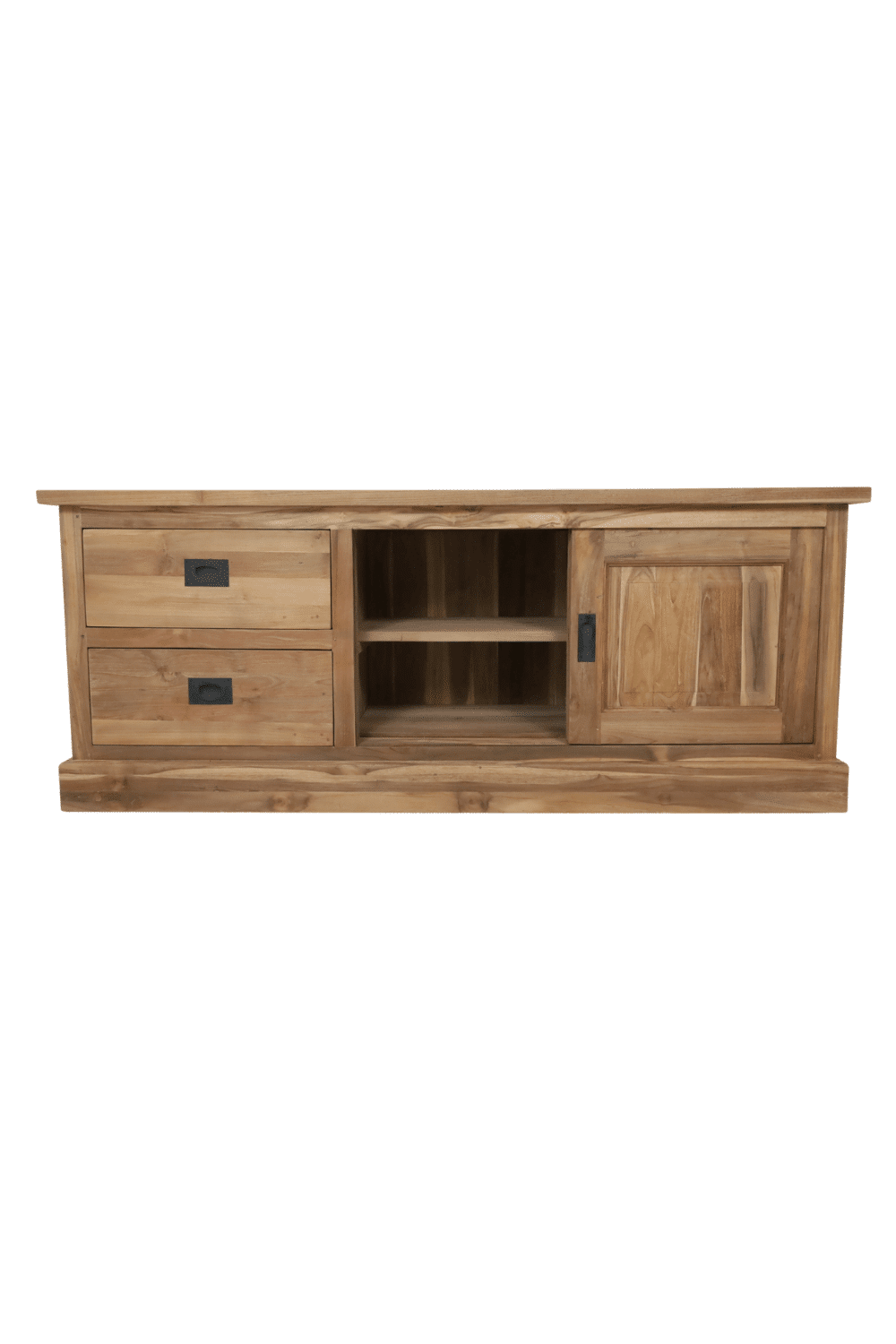 Teak houten tv meubel 150x45x60 cm met 2 lades en schuifdeuren