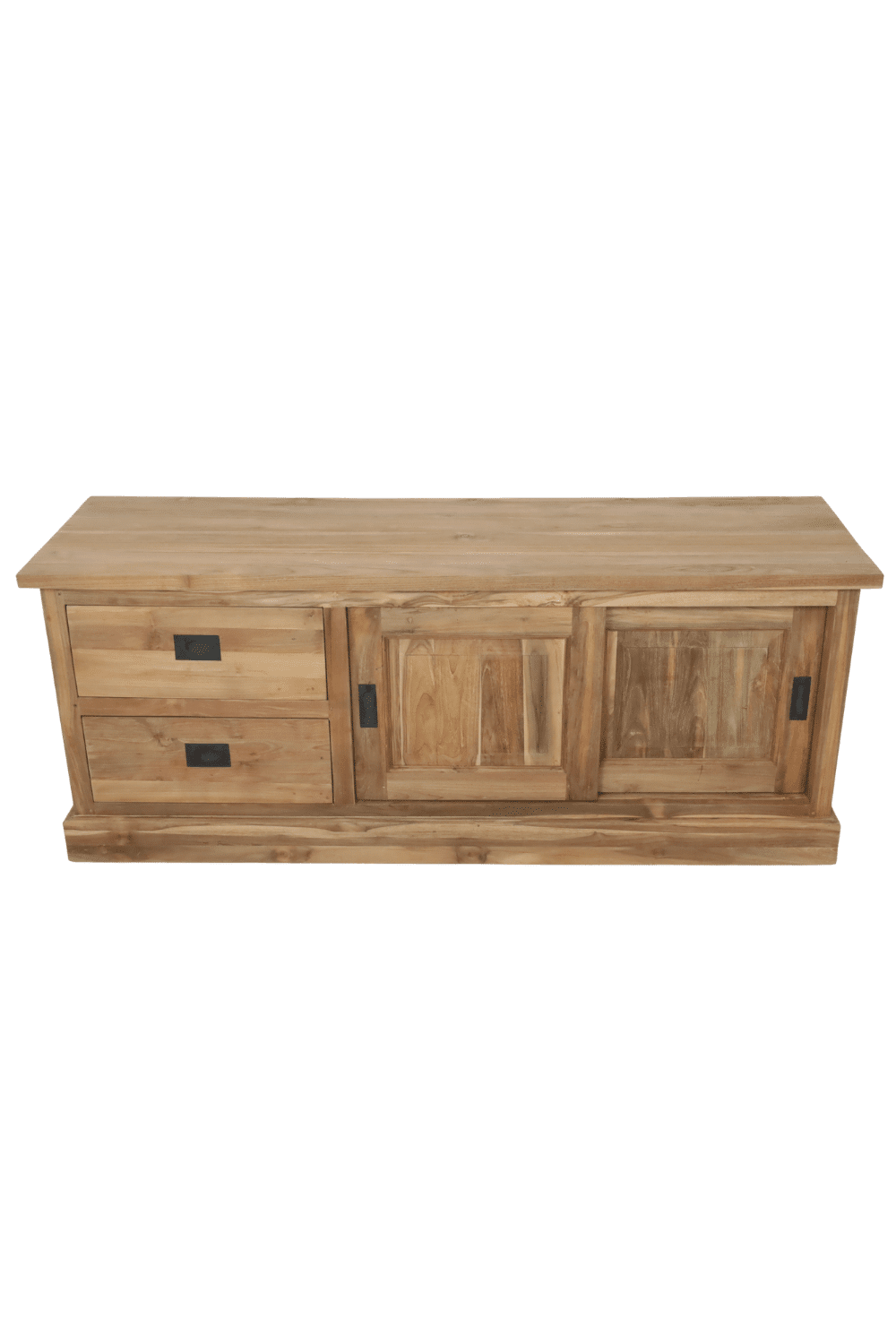 Teak houten tv meubel 150x45x60 cm met 2 lades en schuifdeuren