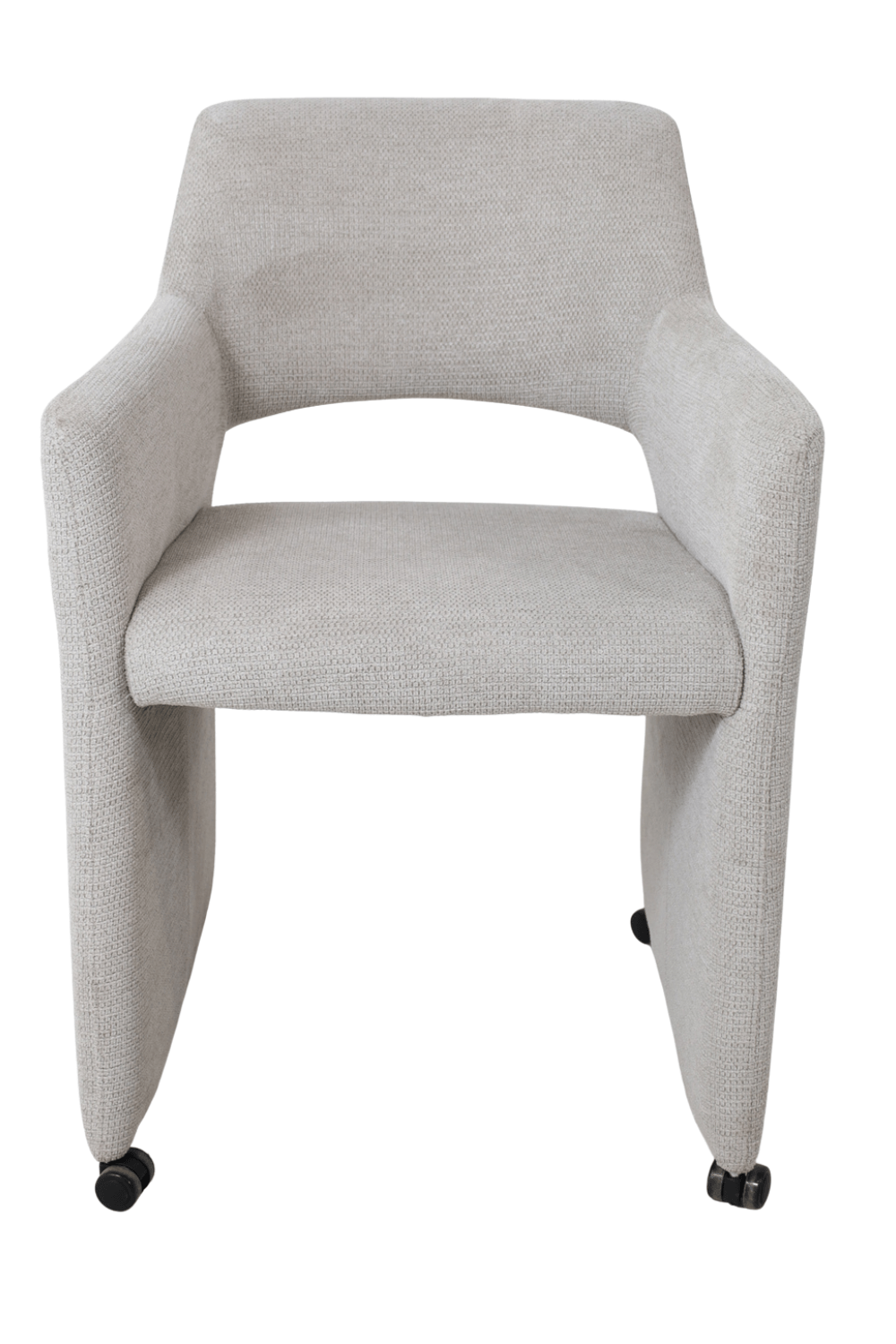 licht grijze eetkamerstoel met wieltjes met open rug