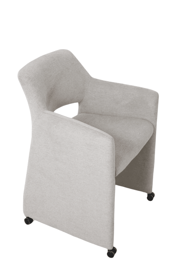 licht grijze eetkamerstoel met wieltjes met open rug