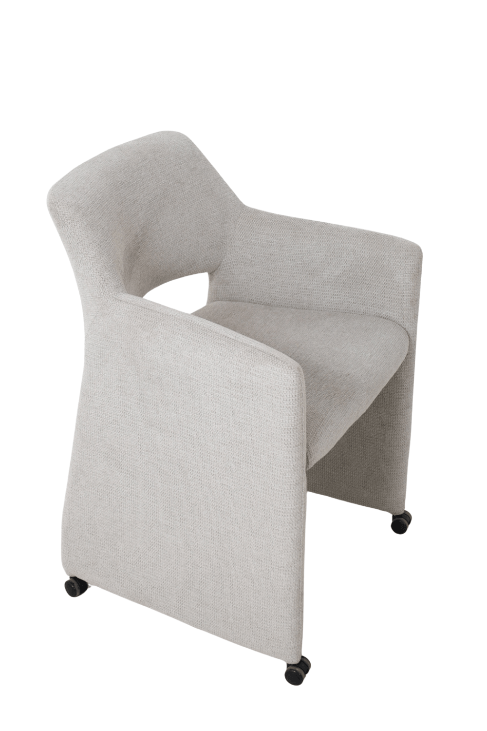 licht grijze eetkamerstoel met wieltjes met open rug