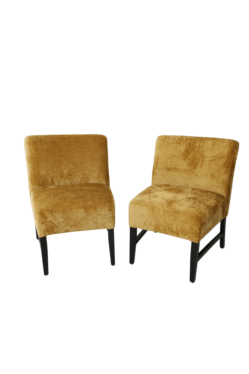 Set van 2 eetkamerstoelen en een ronde eetkamerbank in een warm gele kleur Set van 2 eetkamerstoelen en een ronde eetkamerbank in een warm gele kleur