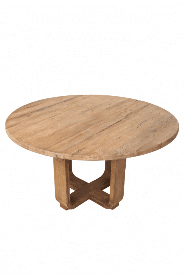 Landelijke ronde teak houten eettafel 140 cm met houten poot