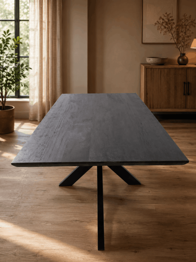 Zwarte houten eettafel met spinpoot 220 cm