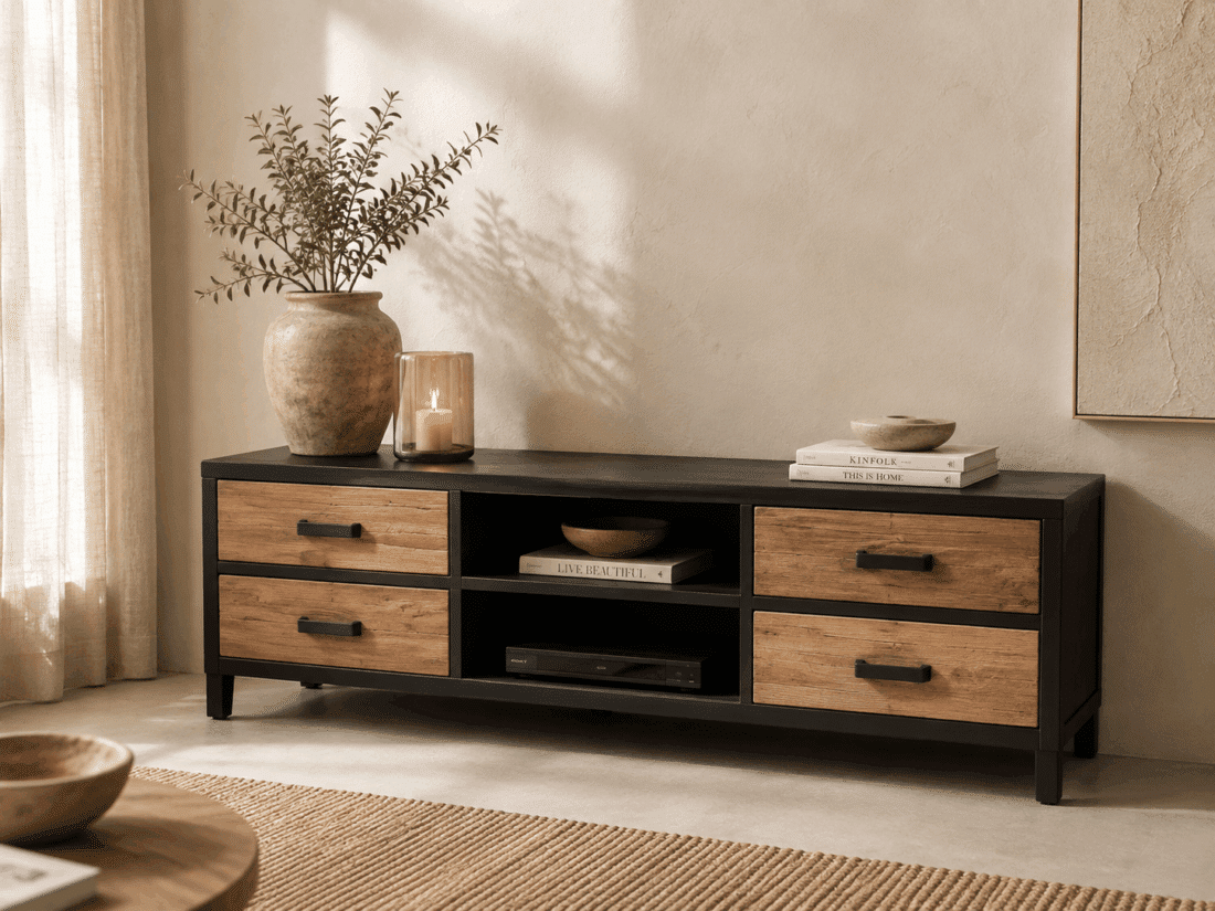 150x40x55-tv-meubel metaal met hout 4 lades en 2 open vakken