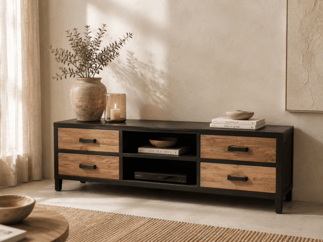 150x40x55-tv-meubel metaal met hout 4 lades en 2 open vakken
