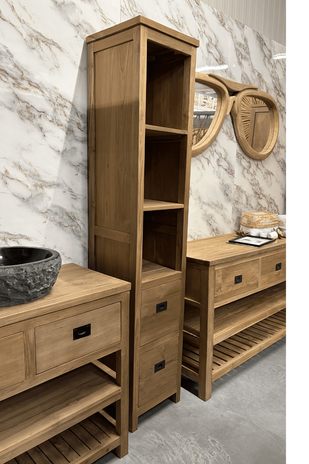 Hoge teak houten badkamer kast voor handdoeken open bc1 rec