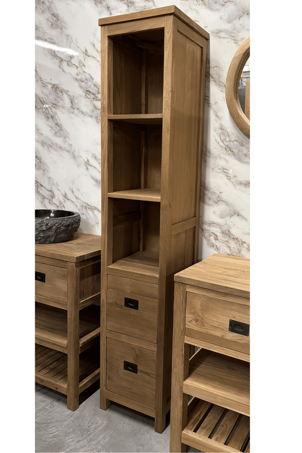 Hoge teak houten badkamer kast voor handdoeken open bc1 rec