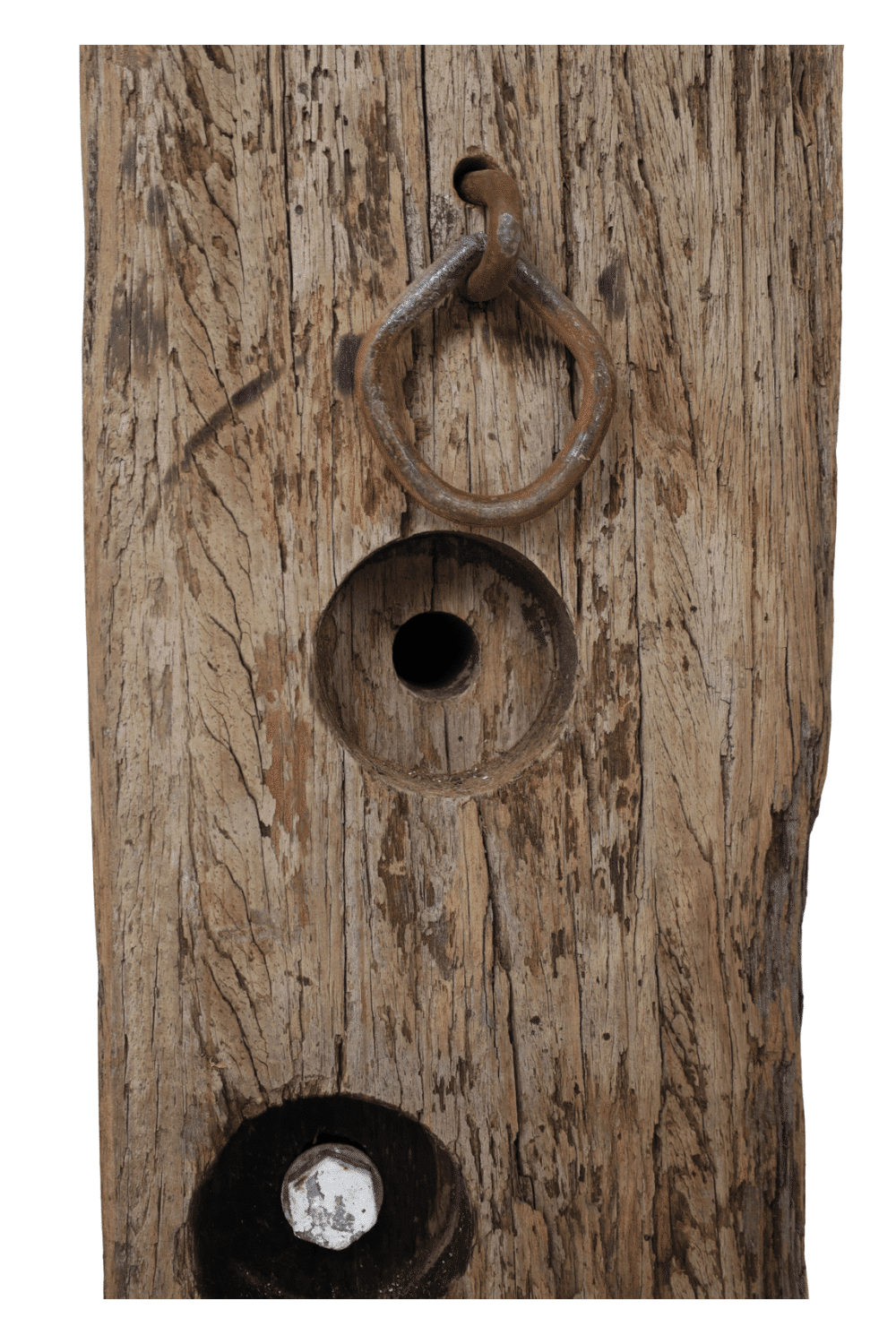 Oud houten meerpaal zuil met ring 29x29x88 cm