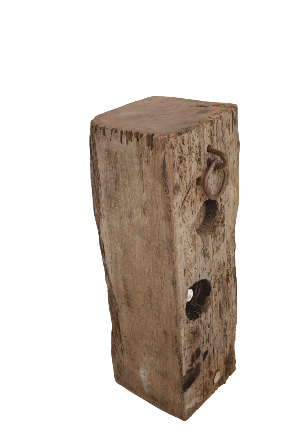 Oud houten meerpaal zuil met ring 29x29x88 cm