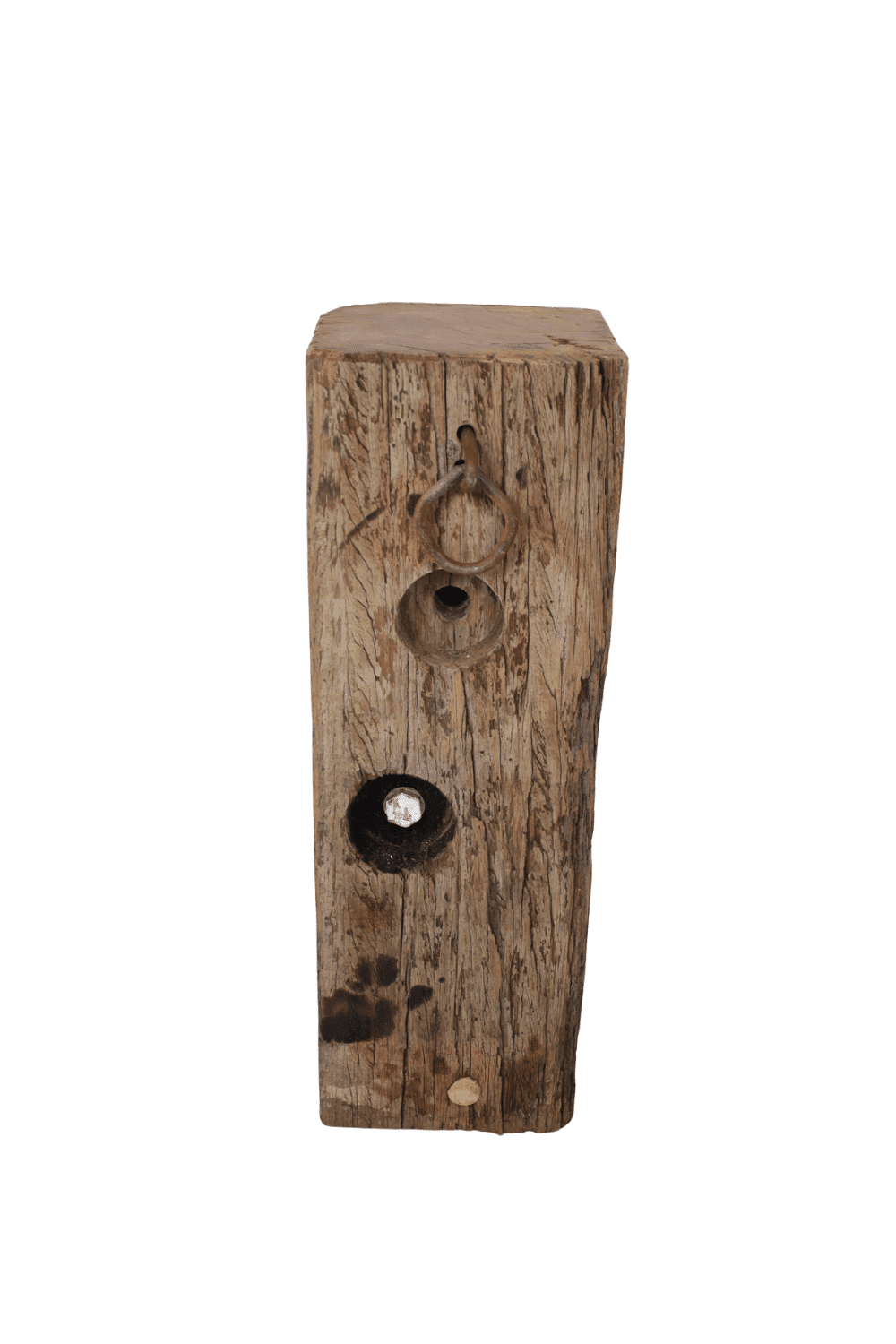 Oud houten meerpaal zuil met ring 29x29x88 cm