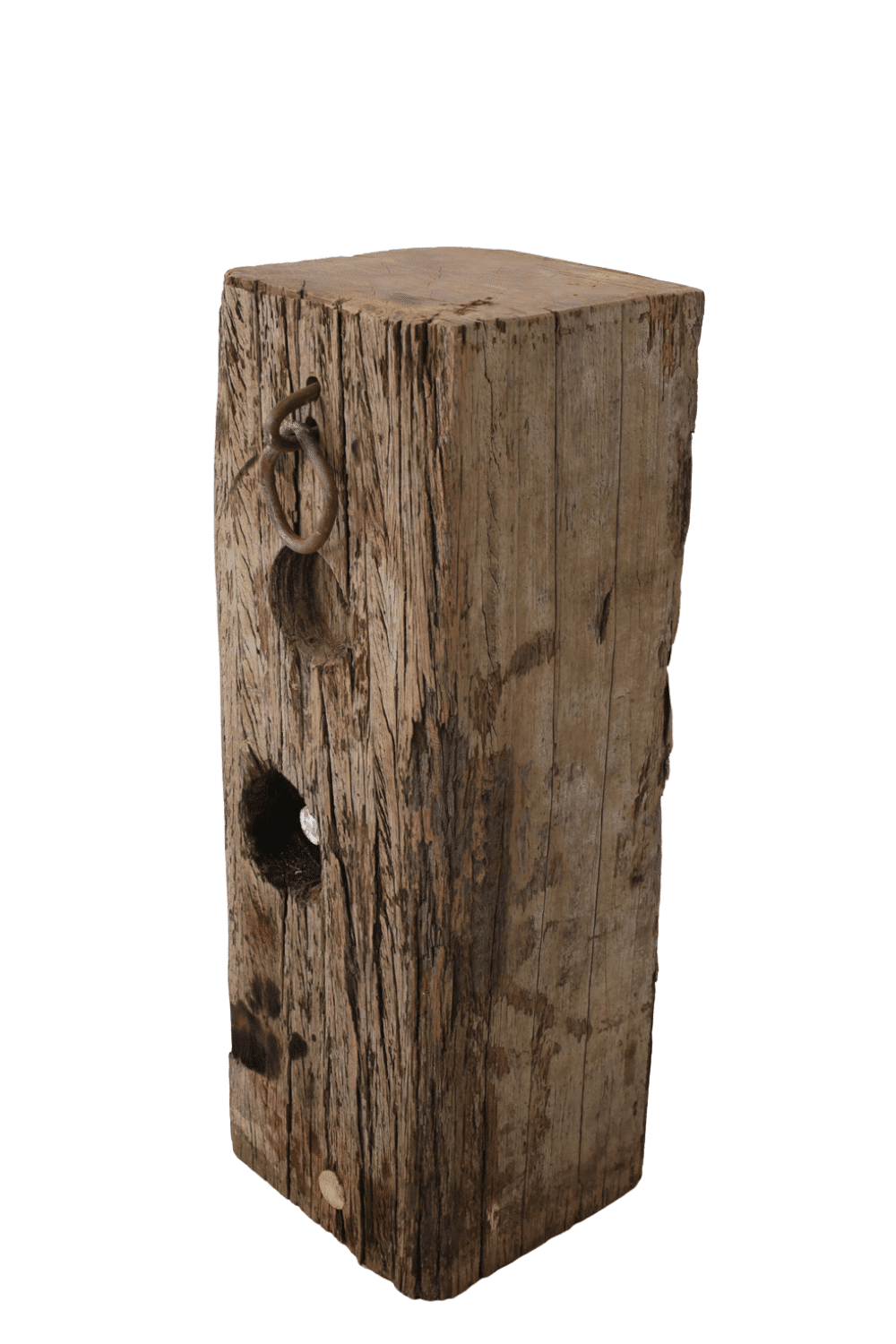 Oud houten meerpaal zuil met ring 29x29x88 cm