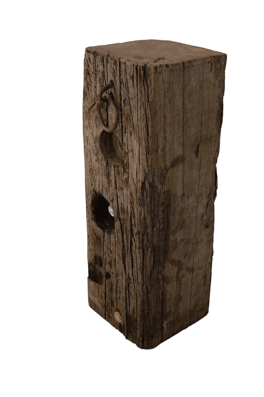 Oud houten meerpaal zuil met ring 29x29x88 cm