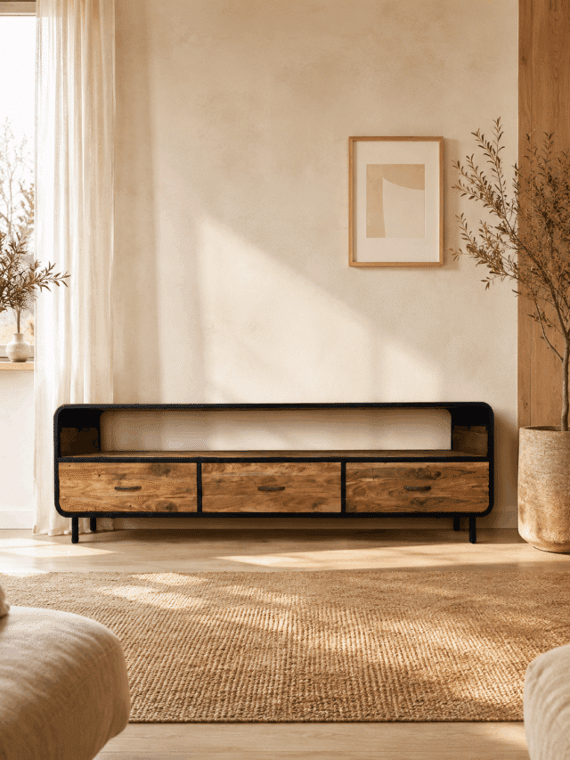 Retro-industrieel-Tv-meubel-grof-teak-hout-met-zwart-metaal-en-ronde-hoeken-200x45x55-cm