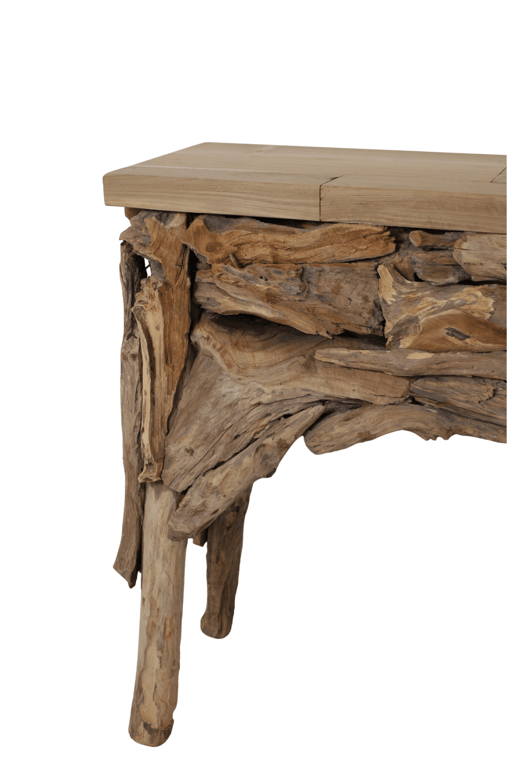 stoere grove Side table rustiek teak hout met wortel teak stukjes 120x32x82 cm