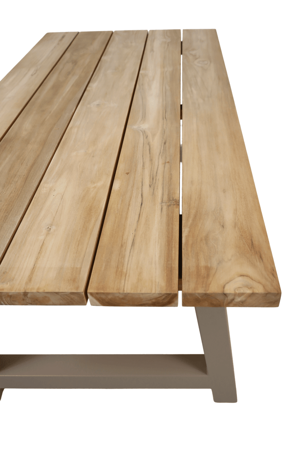 Teak houten tuintafel met beige metalen a poten 180 cm