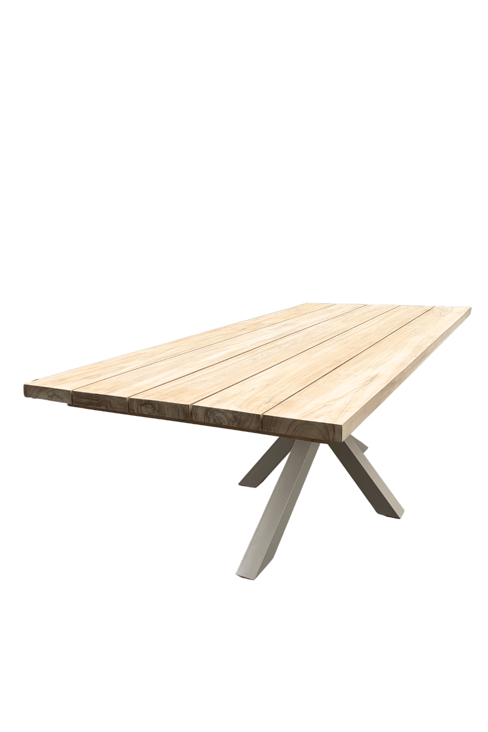 Teak houten tuintafel met beige spin poot matrix poot 220 x100x77 cm