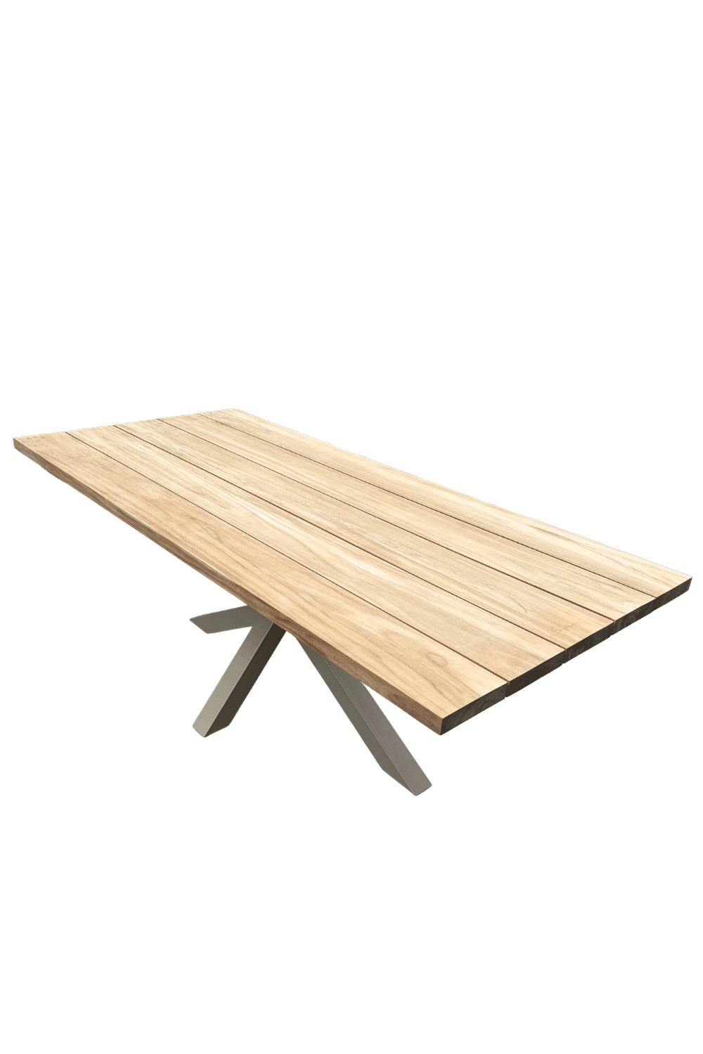 Teak houten tuintafel met beige spin poot matrix poot 220 x100x77 cm