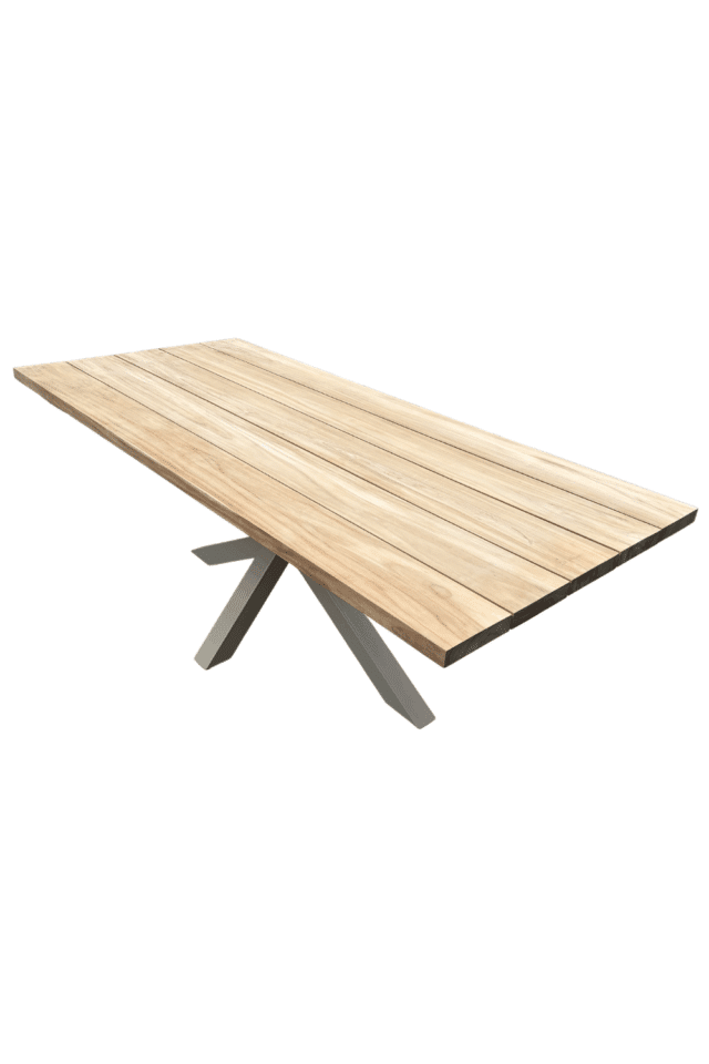 Teak houten tuintafel met beige spin poot matrix poot 220 x100x77 cm
