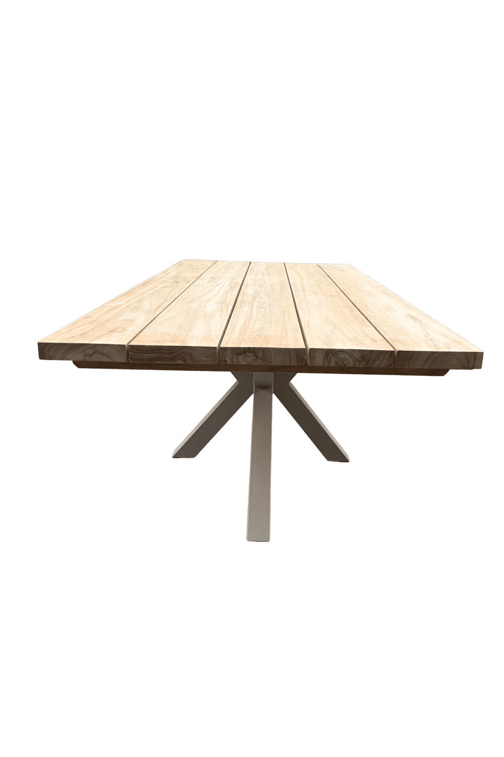 Teak houten tuintafel met beige spin poot matrix poot 220 x100x77 cm