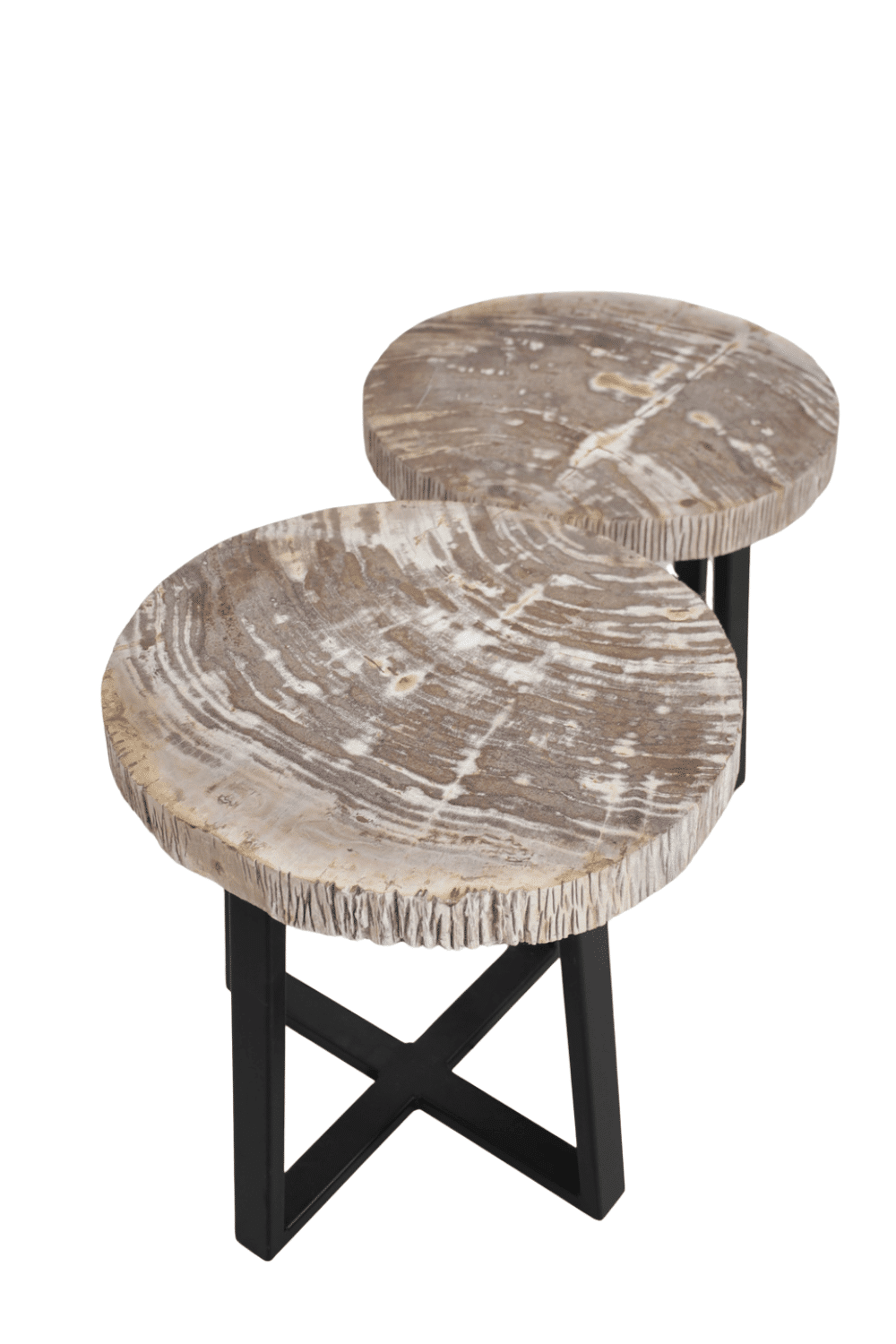 Versteend houten salontafel set van 2 beige fossile salontafels