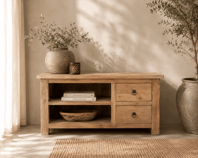 klein teak houten tv meubel