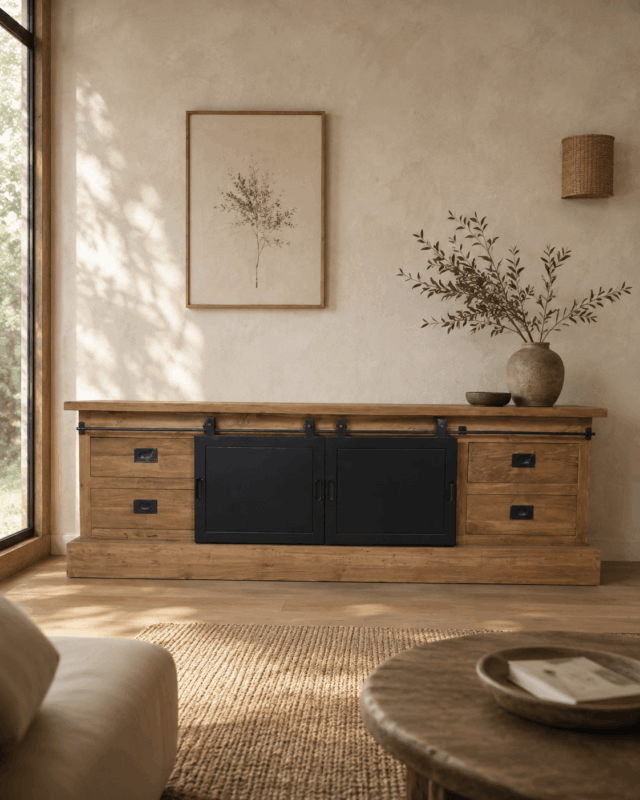 teak houten tv meubel met metalen schuifdeuren tvd 23