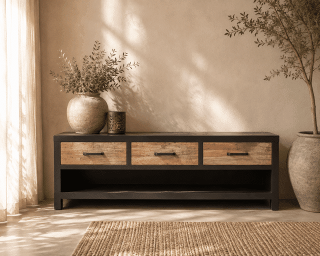 tv meubel zwart metaal met ruw hout 3 lades Dlm1129-tv-unit-120x40x45cm