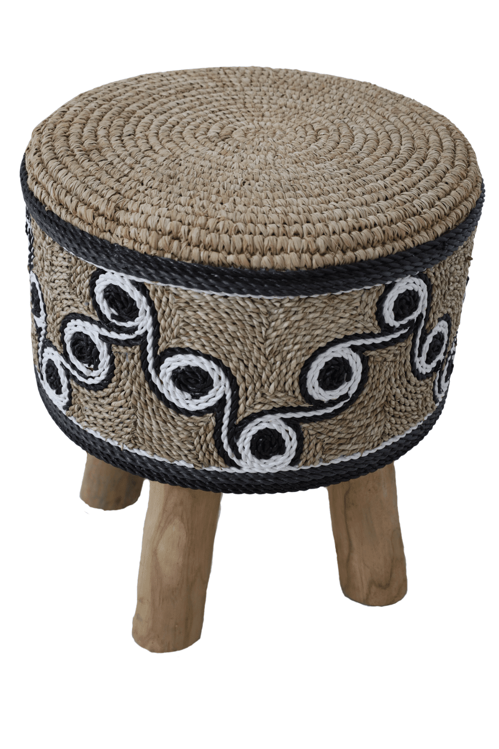 rieten poef kruk wit met zwart 42x42x49 cm