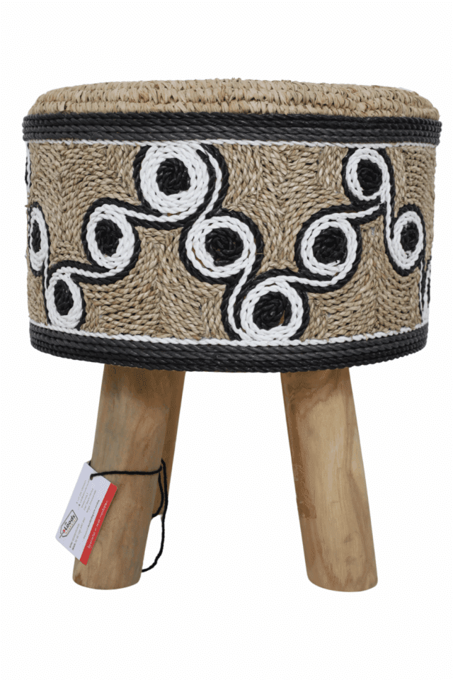 rieten poef kruk wit met zwart 42x42x49 cm