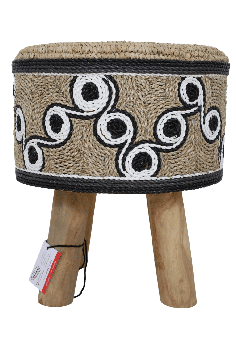 rieten poef kruk wit met zwart 42x42x49 cm