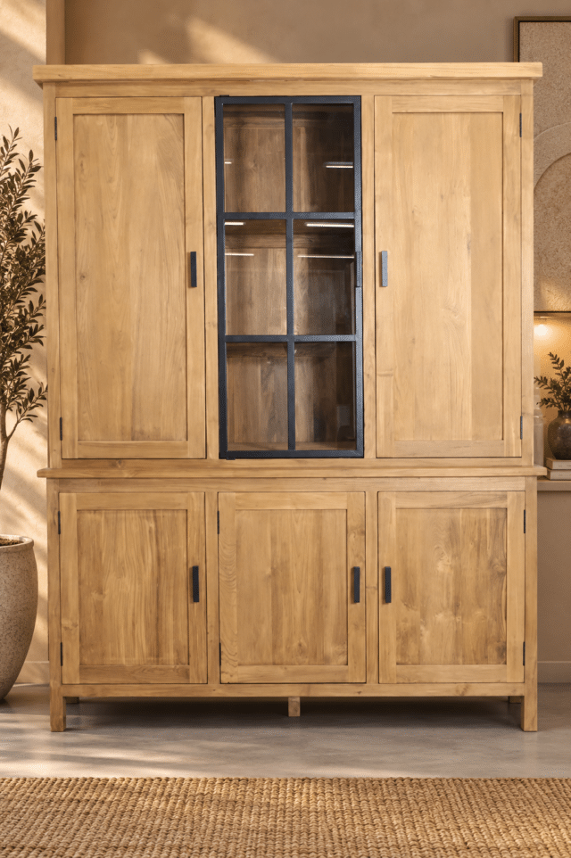teak houten Vitrinekast met metalen deur opbergkast, vitrine kast met dichte deuren breur