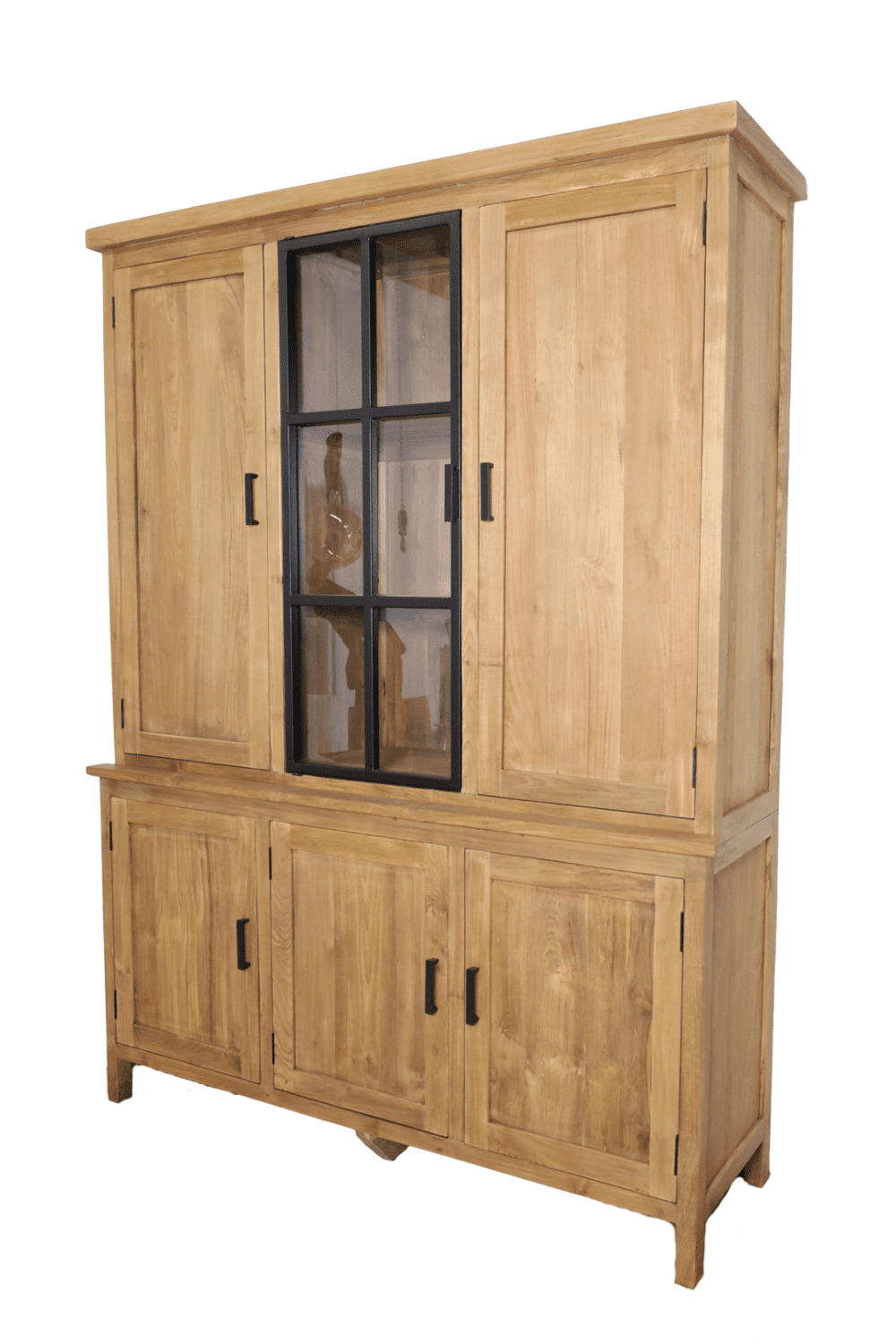 vitrinekast teak hout smooth met 1 metalen stal deur 165x50x220 cm