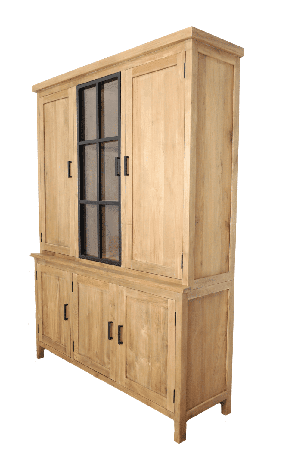 vitrinekast teak hout smooth met 1 metalen stal deur 165x50x220 cm