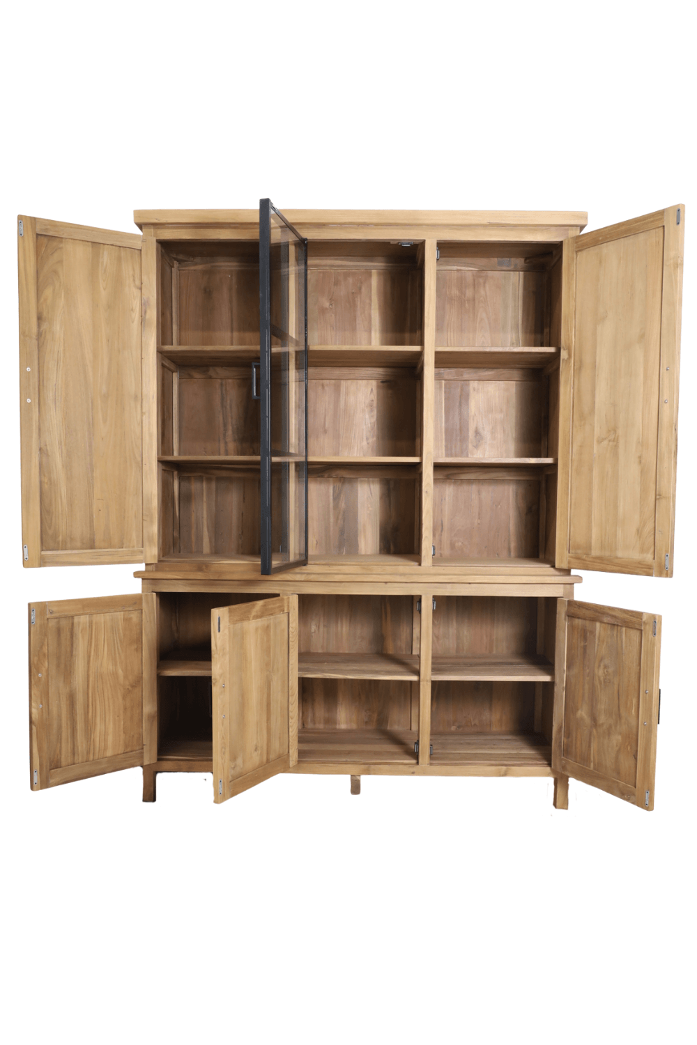 vitrinekast teak hout smooth met 1 metalen stal deur 165x50x220 cm