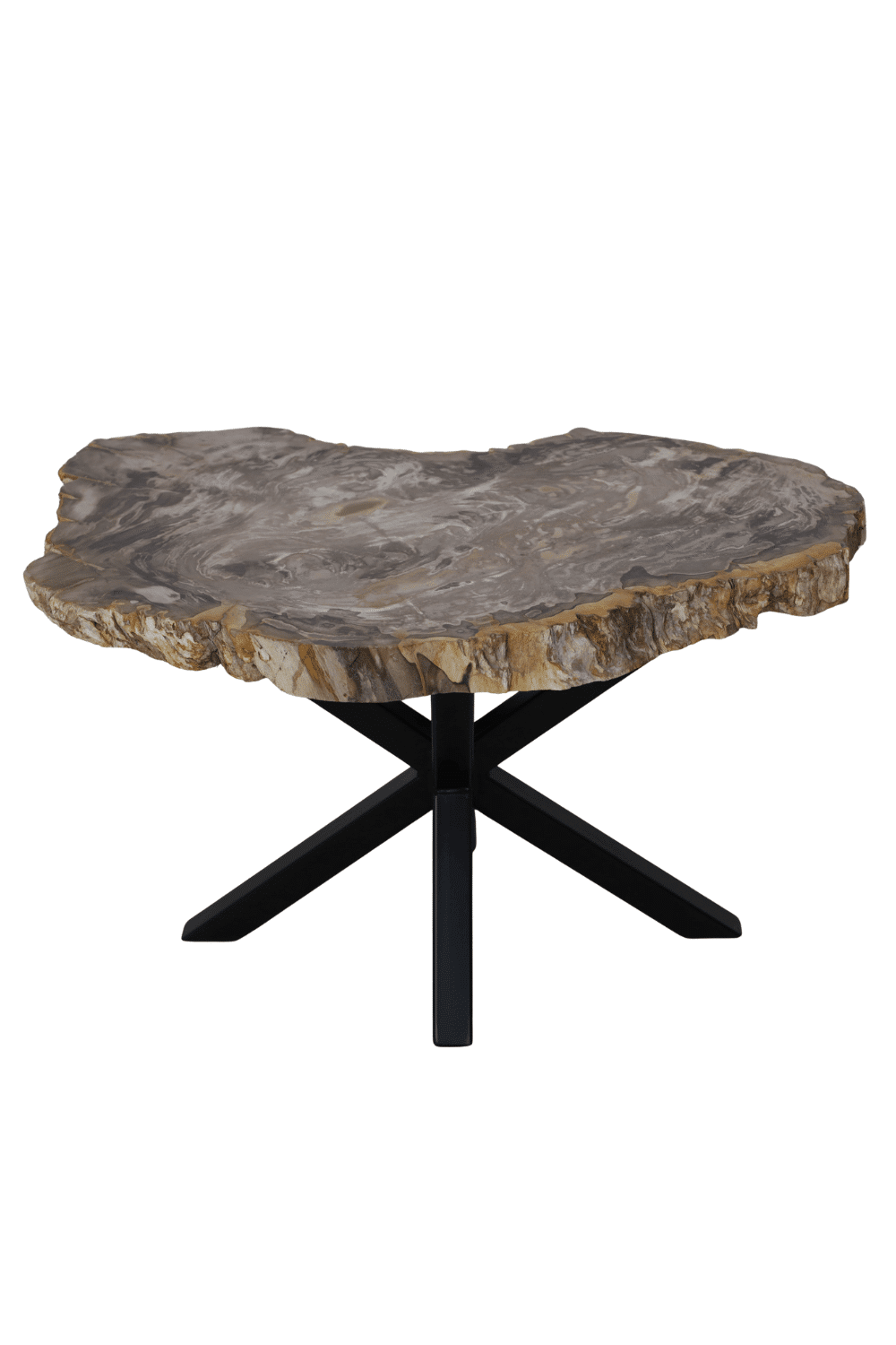 Versteend houten salontafel grijs beige blad met zwart metalen matrix poot 85x59x47 cm