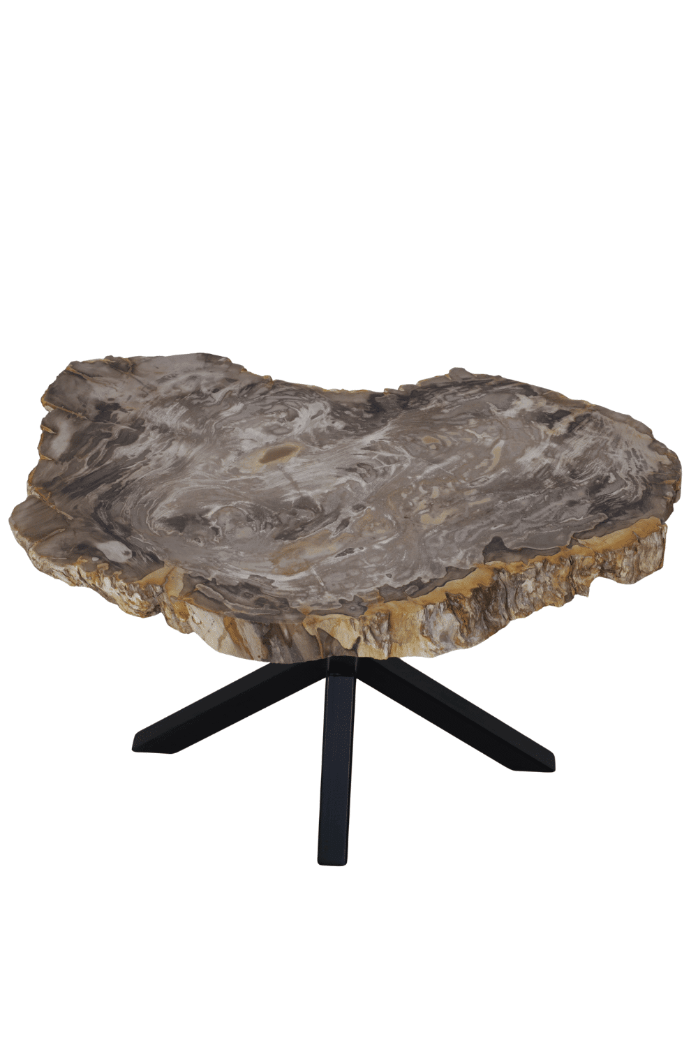 Versteend houten salontafel grijs beige blad met zwart metalen matrix poot 85x59x47 cm