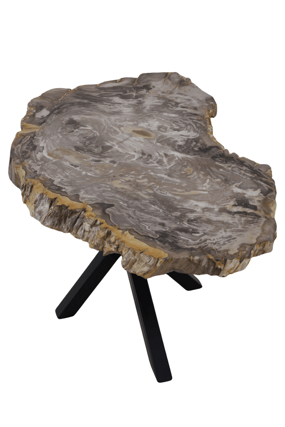 Versteend houten salontafel grijs beige blad met zwart metalen matrix poot 85x59x47 cm