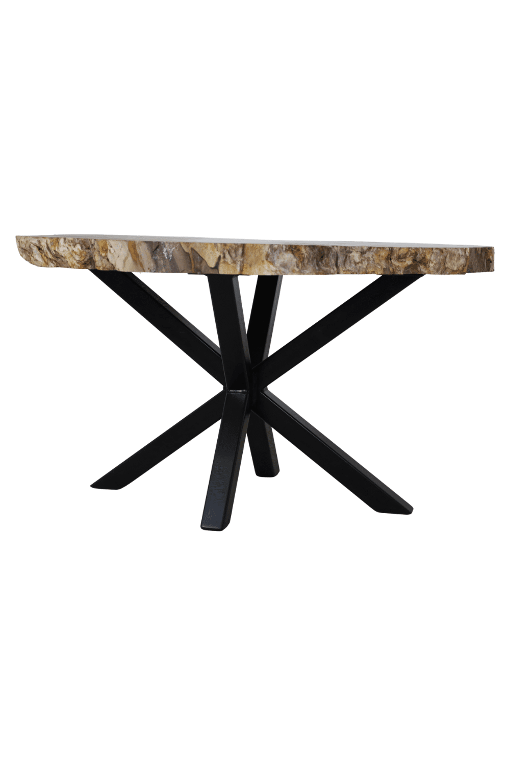 Versteend houten salontafel grijs beige blad met zwart metalen matrix poot 85x59x47 cm