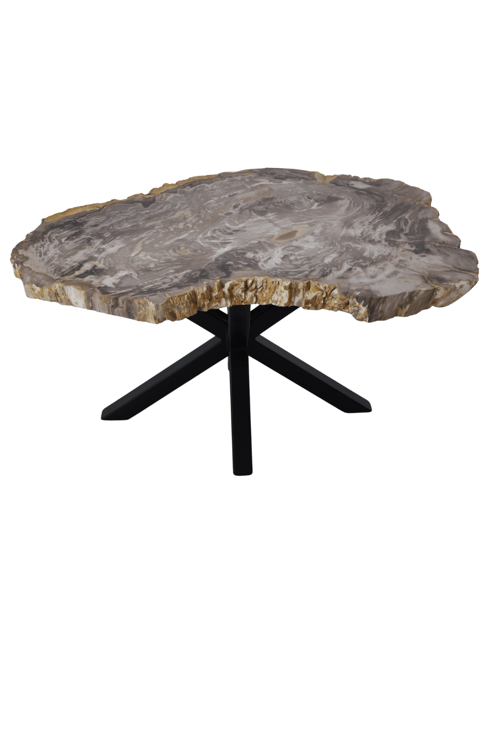 Versteend houten salontafel grijs beige blad met zwart metalen matrix poot 85x59x47 cm