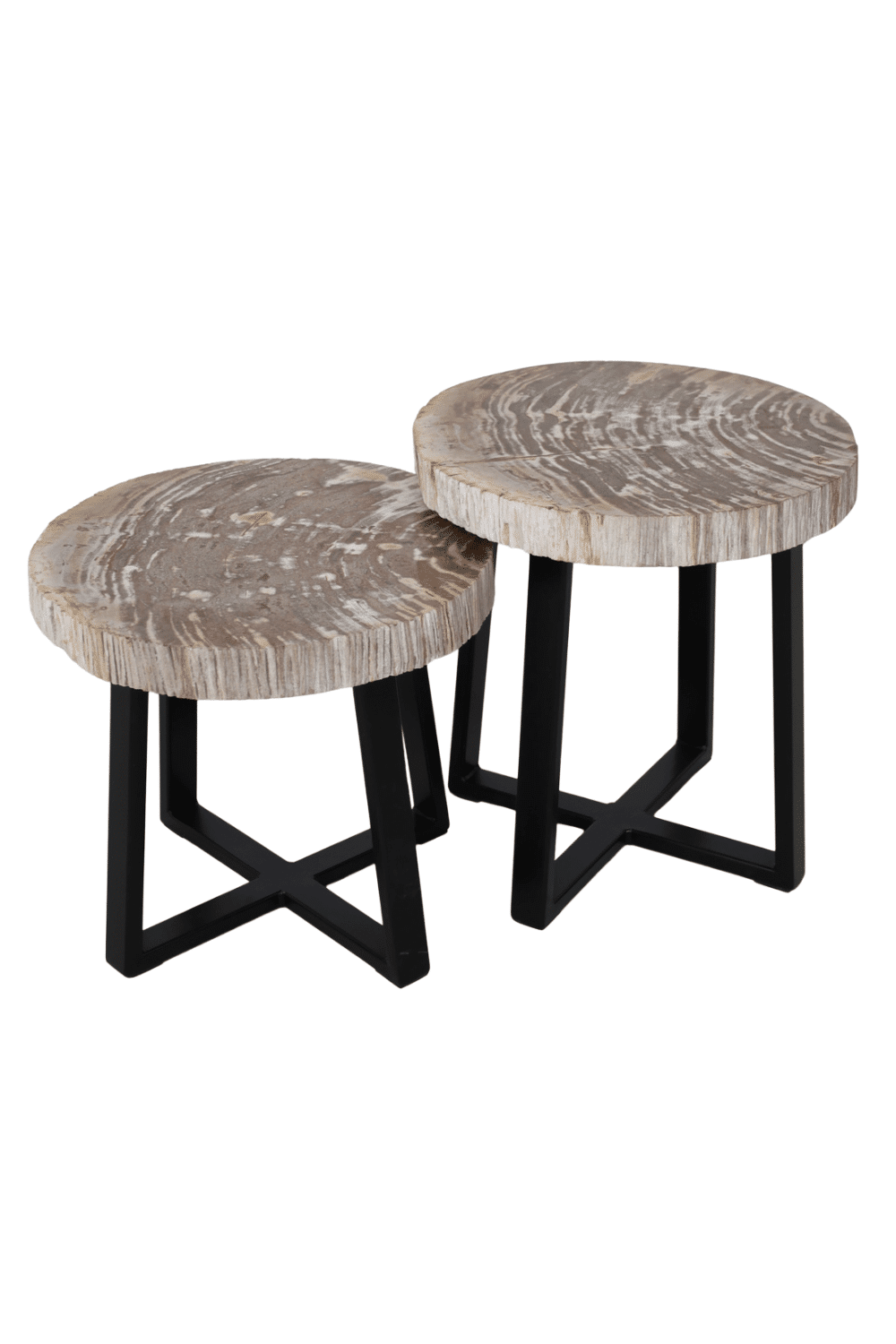 Versteend houten salontafel set van 2 tafeltjes grijs beige blad met zwart metalen poot set 1 44x46x47 cm en 46x44x40 cm