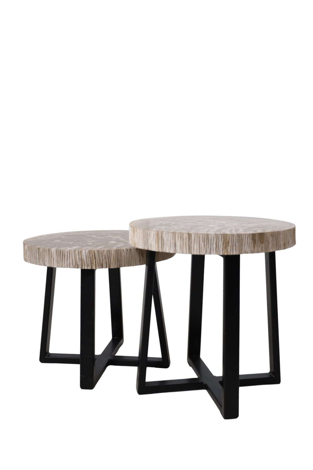 Versteend houten salontafel set van 2 tafeltjes grijs beige blad met zwart metalen poot set 1 44x46x47 cm en 46x44x40 cm