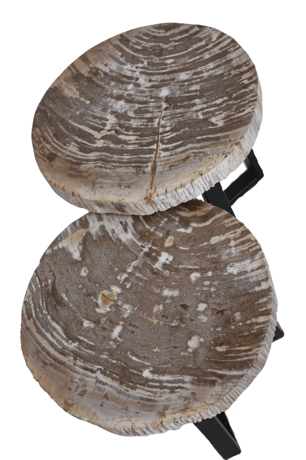 Versteend houten salontafel set van 2 tafeltjes grijs beige blad met zwart metalen poot set 1 44x46x47 cm en 46x44x40 cm