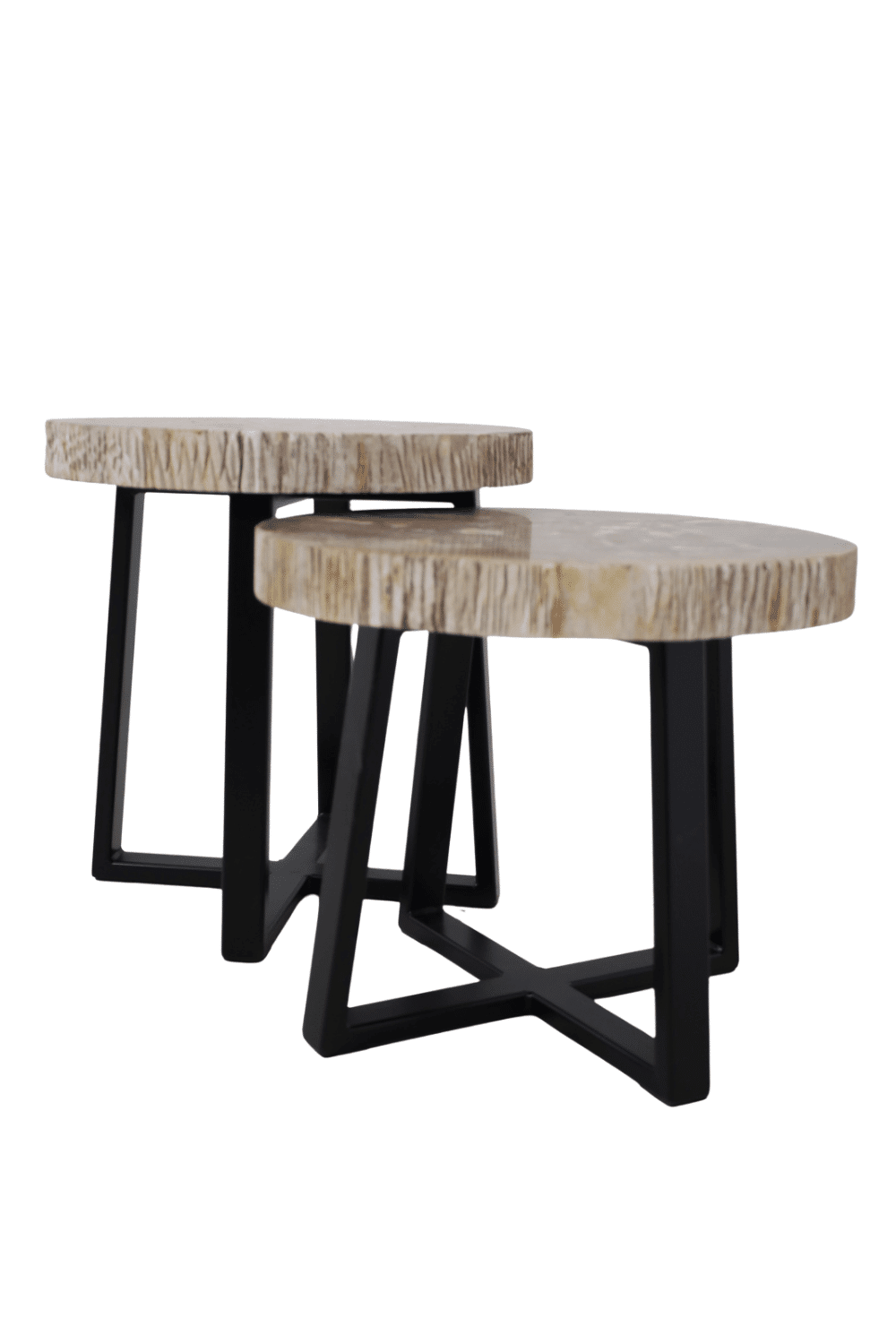 Versteend houten salontafel set van 2 tafeltjes grijs beige blad met zwart metalen poot set 2 46x44x47 cm en 46x44x40 cm