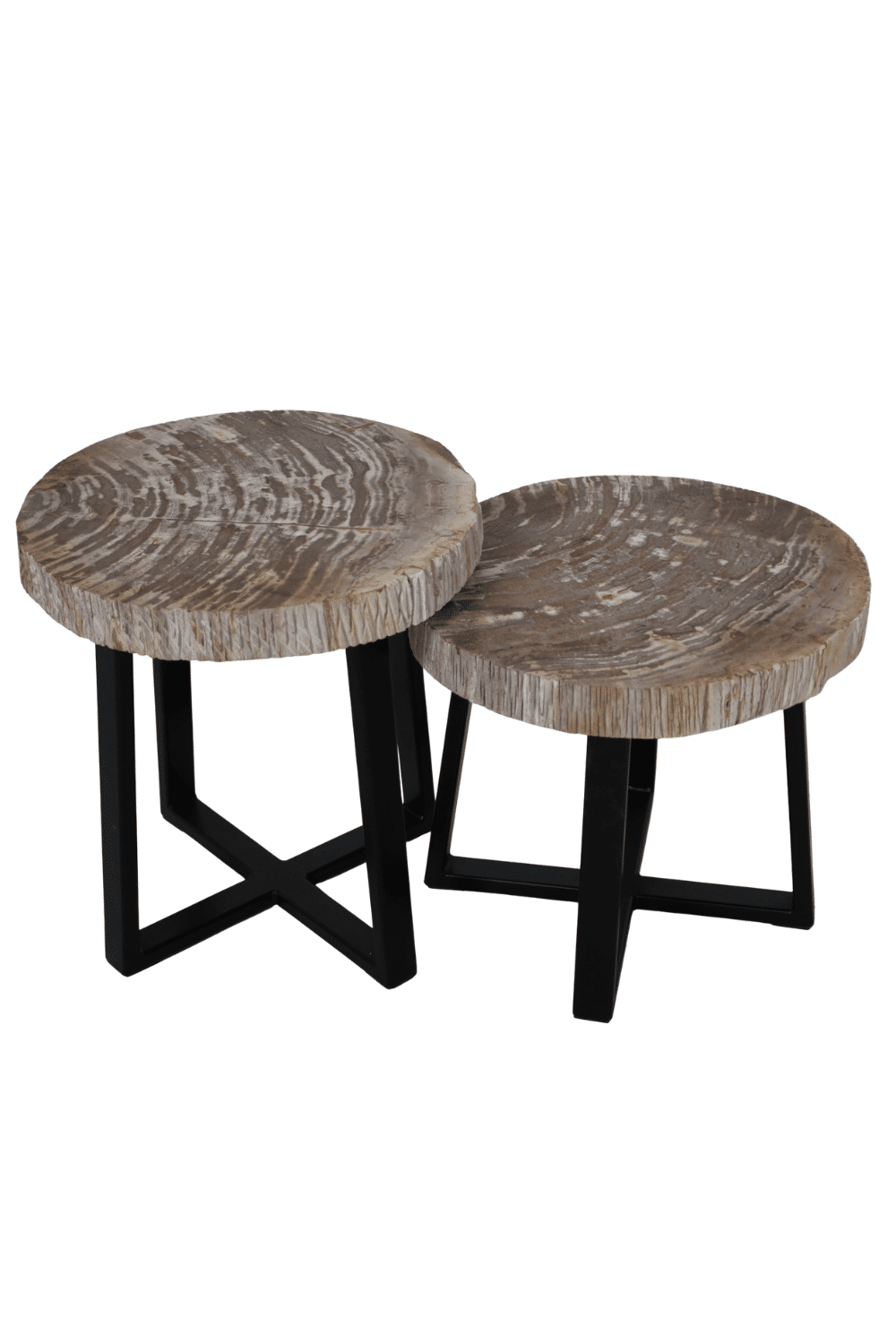 Versteend houten salontafel set van 2 tafeltjes grijs beige blad met zwart metalen poot set 2 46x44x47 cm en 46x44x40 cm