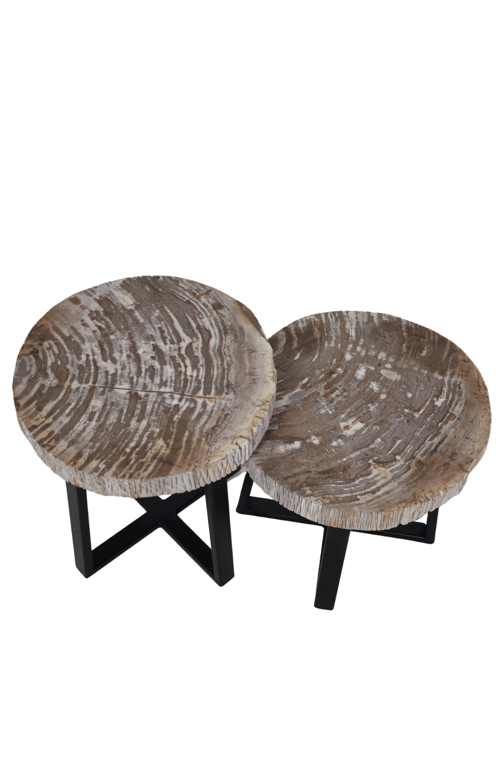 Versteend houten salontafel set van 2 tafeltjes grijs beige blad met zwart metalen poot set 2 46x44x47 cm en 46x44x40 cm