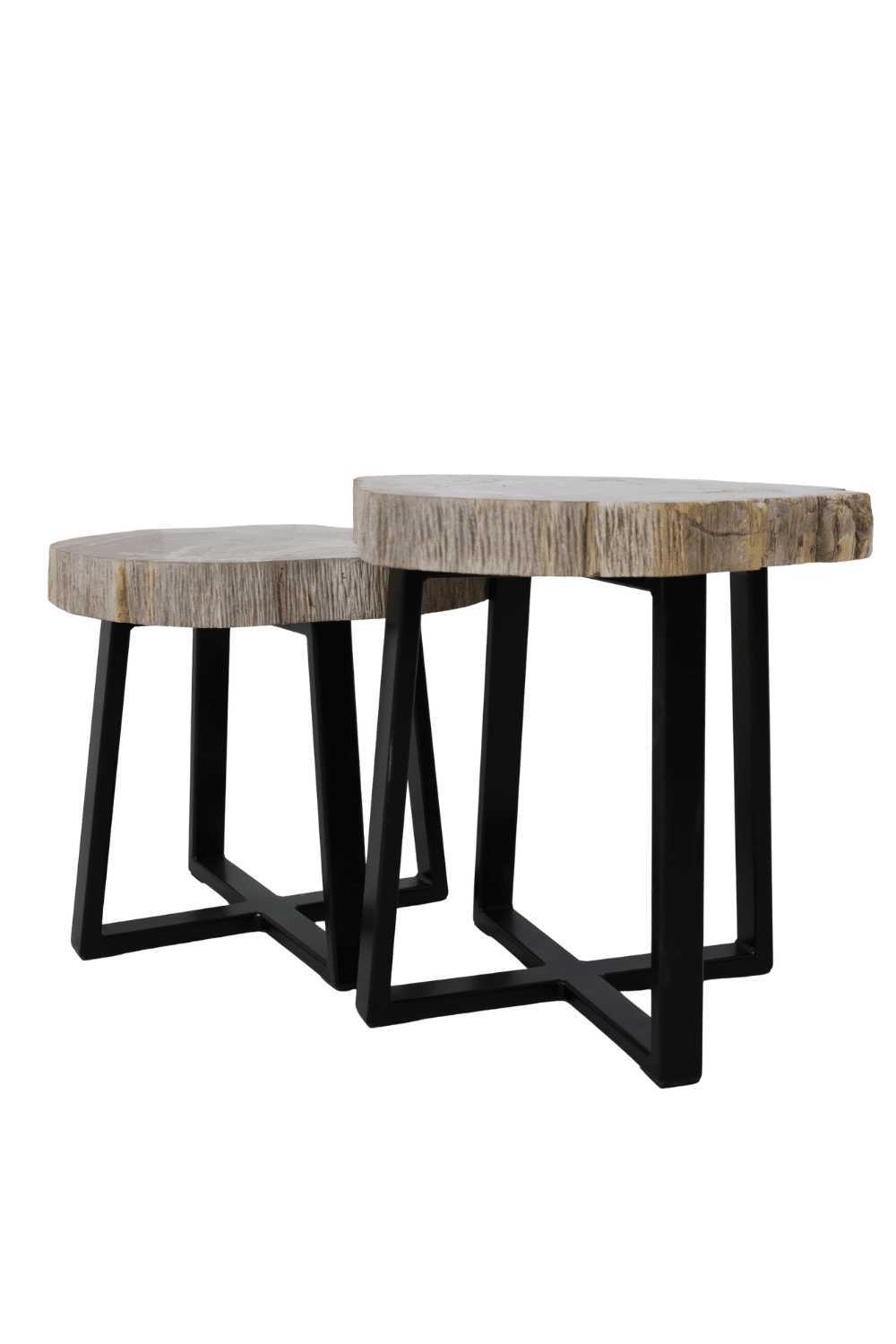 Versteend houten salontafel set van 2 tafeltjes grijs beige blad met zwart metalen poot set 3 48x45x47 cm en 49x43x41 cm