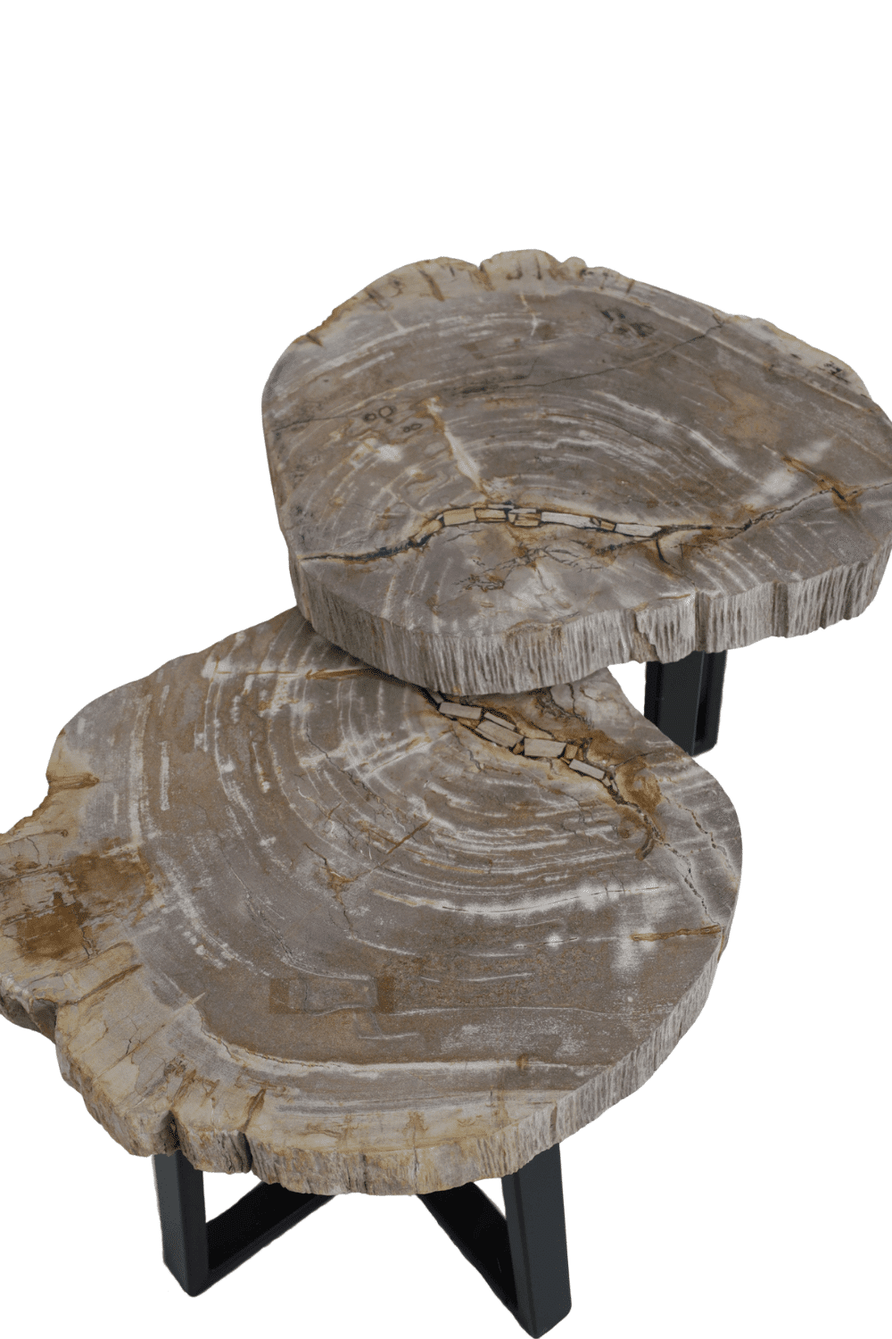 Versteend houten salontafel set van 2 tafeltjes grijs beige blad met zwart metalen poot set 3 48x45x47 cm en 49x43x41 cm