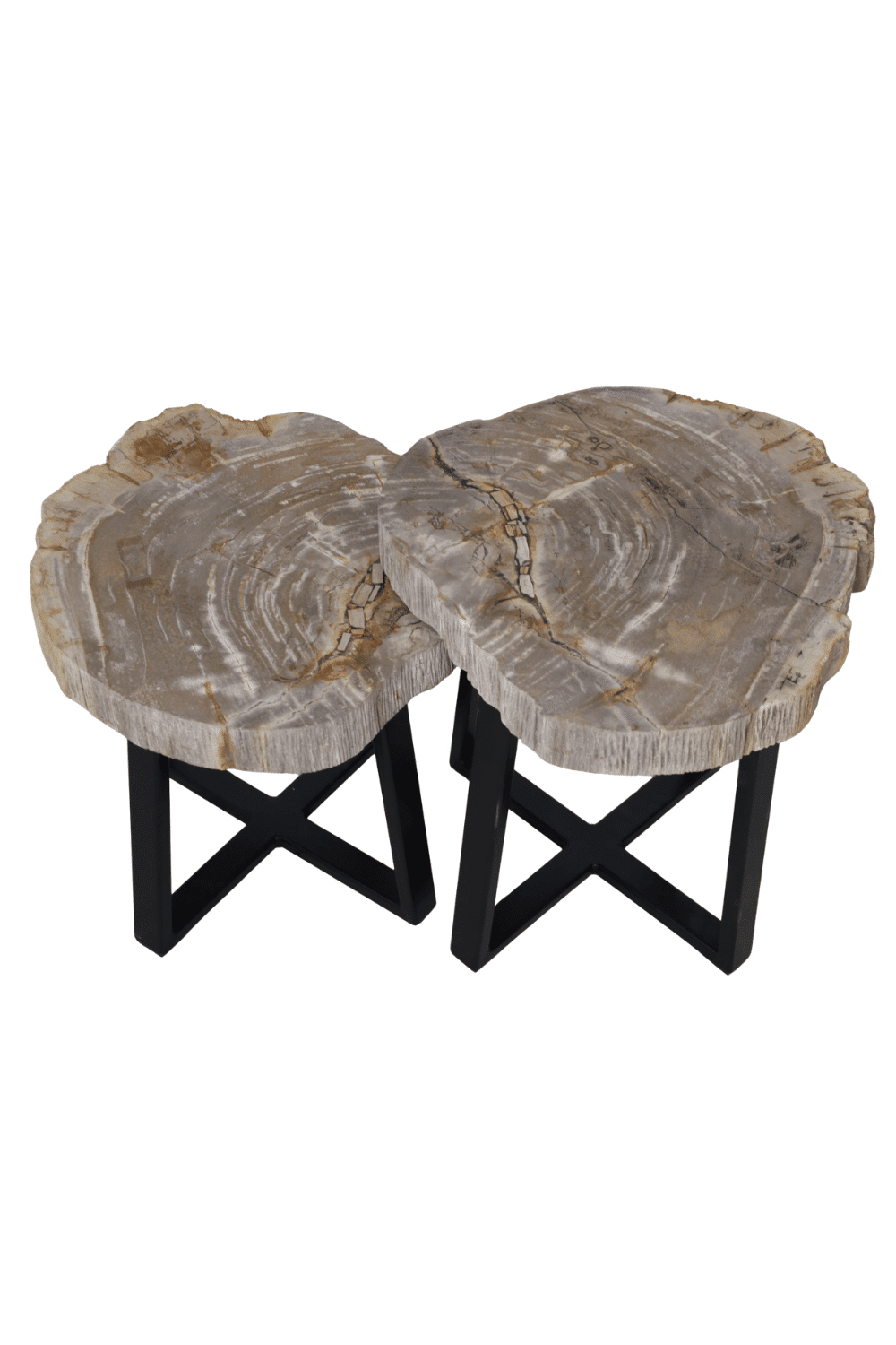 Versteend houten salontafel set van 2 tafeltjes grijs beige blad met zwart metalen poot set 3 48x45x47 cm en 49x43x41 cm